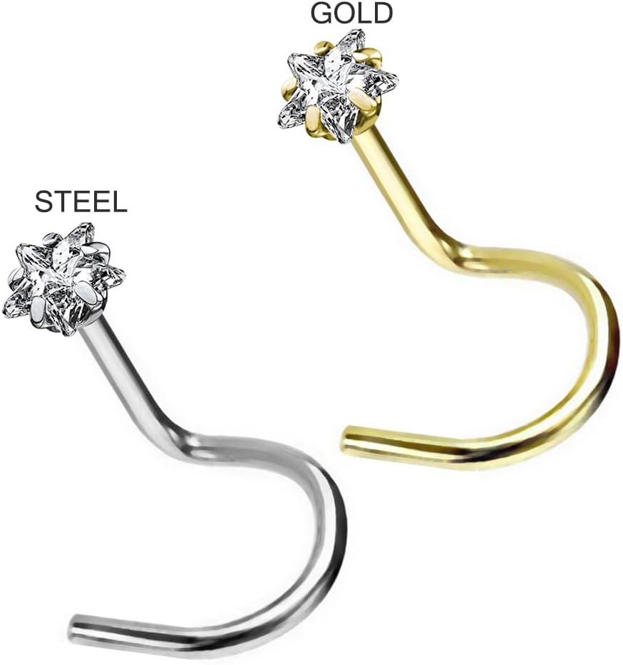 Star Cz Stone Top 20 Gauge 316L Surgical Steel Corkscrew Twist Nose Screw - Tiny Nose Stud - Nose Piercing Body Jewelry