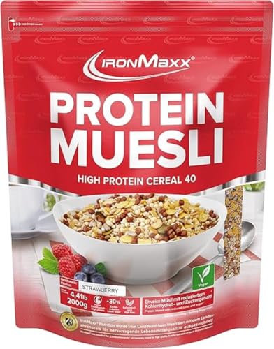 IronMaxx Protein Müsli - Erdbeere 2kg Beutel | Veganes High Protein Müsli laktosefrei | Reduzierter Zuckergehalt & Low Carb