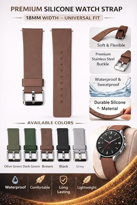 Image of DREAMY DESIGNS 18mm Soft Silicone Waterproof Breathable Watch Strap Metal Buckle Replacement for Men & Women - PACK OF 1