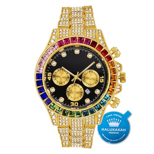 Halukakah Gold Uhr Diamanten Mehrfarbig, Herren 18K Echtes Gold Plattiert 40MM Breite Schwarz Zifferblatt Quarz Armband 21cm,Kostenlose Geschenkbox Halukakah Gold Uhr Diamanten Mehrfarbig, Herren 18K Echtes Gold Plattiert 40MM Breite Schwarz Zifferblatt Quarz Armband 21cm,Kostenlose Geschenkbox