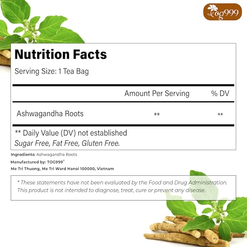 Image of TOG999, Premium 120 Ashwagandha Root Tea Bags, 100% Natural & Pure, Ashwagandha Root Herbal Tea. No Sugar, No Caffeine, No Gluten, Vegan.