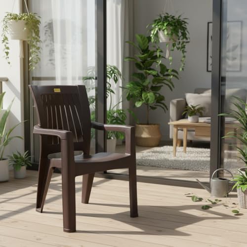 Image of Single Plastic Chair for Home & Outdoor Use | Heavy Duty Comfortable Chair with Strong Legs | Easy to Clean | Suitable for Living Room, Balcony (Pack of 1-Rolex | Brown)