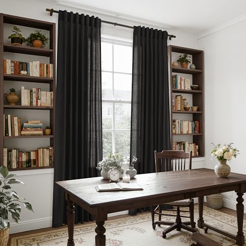 Image of Nanspring Vintage Black Linen Curtains 84 Inch Length 2 Panels Set for Living Room Light Filtering Semi Sheer Curtain Back Tab Privacy Luxury Gothic Vintage Decor Drapes for Bedroom Office 52x84