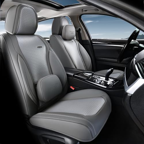 Image of Coverado Seat Covers, Car Seat Covers Front Seats, Waterproof Nappa Leather Auto Seat Cover with Lumbar Head Pillow, Gray Seat Covers Carseat Cover Universal Fit for Most Cars