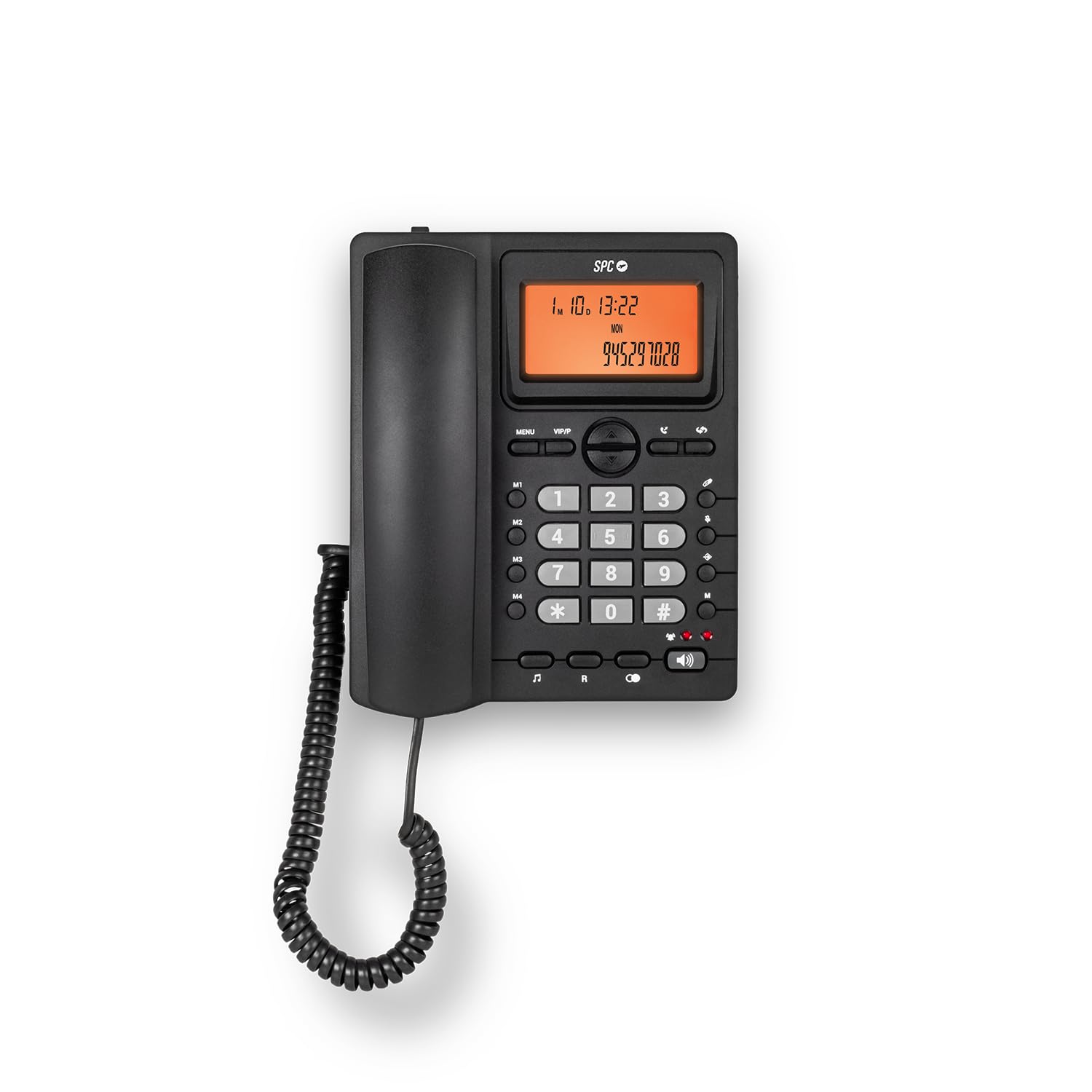 SPC Office ID 2 - Festnetztelefon mit beleuchtetem Display, 4 Direktspeichern und 10 indirekten Speichern, 2 Ruftonstufen, Anrufer-ID, Lichtsignal, Freisprechfunktion, Tisch-oder Wandmontage – Schwarz