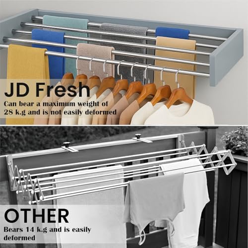 JD FRESH Metal Foldable Wall Mount Clothes Hanger/Cloth Drying Stand for Balcony with 5 Rods/Collapsible Clothes Drying Rack for Laundry/Space Saver/Indoor/Outdoor(Grey)