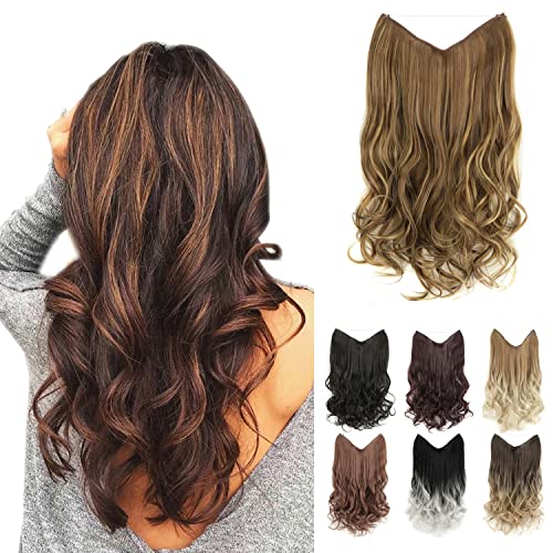 GIRLSHOW Short Invisible Wire Hair Extensions with Transparent Headband Synthetic 16 Inch 3.7 Oz Wavy Curly Adjustable S