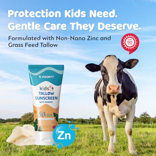 Image of Beef Tallow Sunscreen for Kids with Zinc Oxide: Natural Non-Toxic SPF 50 Tallow Sunblock Cream - with Food-Grade Botanical Extracts - Kids & Sensitive Skin Safe, Water-Resistant - 3.4 FL OZ