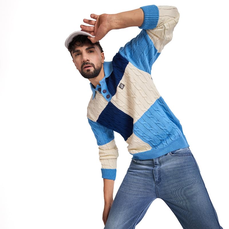 fugazee Blue Coloured Blocked Cable Knit Sweater for Men | Acrylic Wool Fabric | Oversized Fit | Spread Collar with Button Closure | Full Sleeves | Ribbed Cuffs & Hem-picture-12