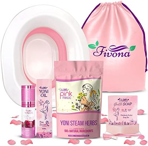 Fivona 5-in-1 Yoni Steam Kit Includes Sitz Bath Seat, Steaming Herbs, Feminine Oil, Herbal Soap, Storage Bag, All Natural Herbal Vaginal Care Set