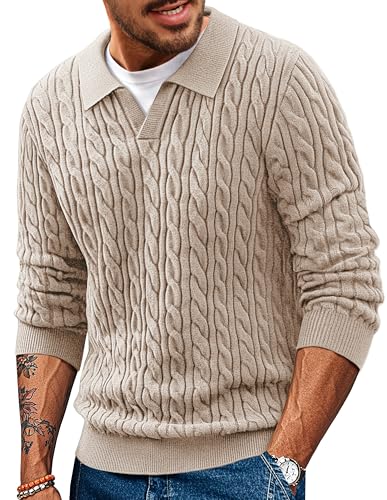 PJ PAUL JONES Men Sweaters V Neck Cable Knit Sweater Fall Casual Slim Fit Pullover