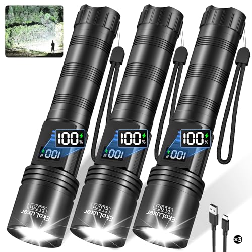 Tughlax 3Pack Rechargeable Flashlights High Lumens, Super Bright Flashlight with LCD Digital Display, 5Modes Adjustable LED Flashlight Tactical Flashlights High Powered, Flash Lights for Emergency