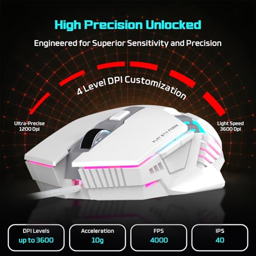 Image of EvoFox Starter Series Spectre USB Wired Gaming Mouse with Upto 3600 DPI Gaming Sensor | 6 Buttons Design | Upto 7 Million Clicks | 7 Colours Rainbow Lighting | 1.5m Braided Cable (White)