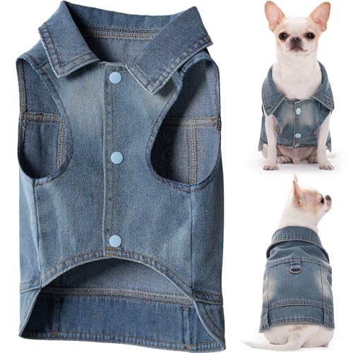 Cantuccistudio Stylish Denim Dog Jacket with Leash Ring, Compatible with Leash, Perfect for Small to Medium-Sized Dogs, Trendy Year-Round Harness Vest, Machine Washable (XXX-Large)