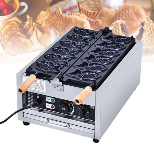Taiyaki eléctrica molde antiadherente de 6 agujeros, temperatura ajustable, mango de madera antiquemaduras, perfecto para postres y fiestas en casa