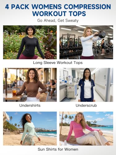 Image of Womens Long Sleeve Compression Shirts Sun Protection Workout Underscrubs | UPF 50+ breathable UV SPF rash guard, Moisture wicking dry fit cooling undershirt, Snug stretch tops for gym & daily wear