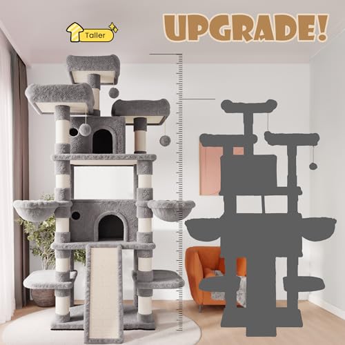 Image of SHA CERLIN 81 Inches Extra Large Cat Tree for Indoor Adult Cats /XXL Big Cat Tower with Condo /Cozy Perches /Sisal Scratching Posts and Hammocks /Activity Center /F80 /Heavy Duty /Grey