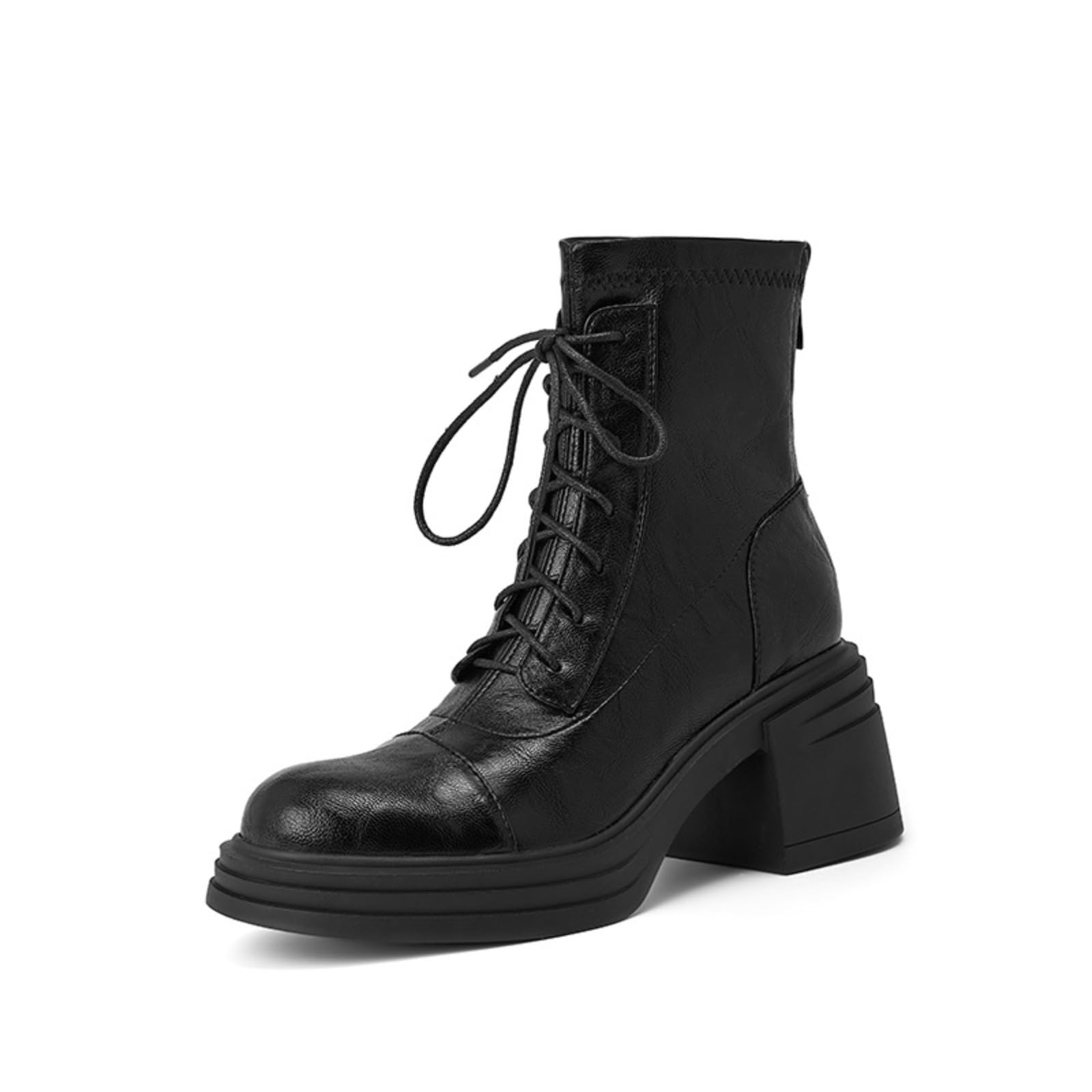 Womens Lace-Up Ankle Boots 6cm Chunky Heel Platform Rear Zipper Stretch Booties Suede Leather Casual Shoes