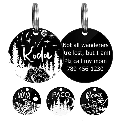 MYXGY Pet ID Tags, Customized Dog Name Tags, Personalized Cat Tags, Round Black Custom Stainless Steel Dog Tags, Engraved on Both Sides for Pets, White Laser Engraving Dog Collar Tag