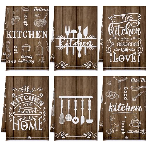 Image of Bencailor 6 Pcs Brown Kitchen Towels Decorative Sets Dish Towels Absorbent Fast Drying Hand Tea Vintage Hanging Reusable Cleaning Dishcloths for Cooking Farmhouse Bathroom Accessory