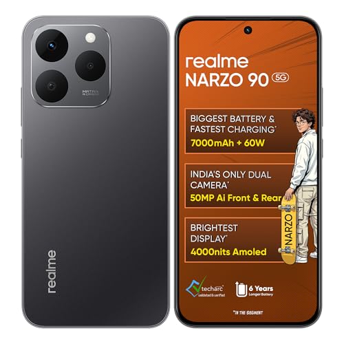 realme NARZO 90 5G (Carbon Black,8GB+128GB) | 7000mAh Biggest Bat...