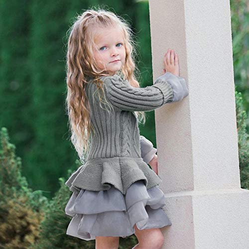 Toddler Girls Solid Color Sweater Dress Child Long Sleeve Cable Knitted Dress Layered Fall Winter Warm Dress (Grey, 4-5 Years)2