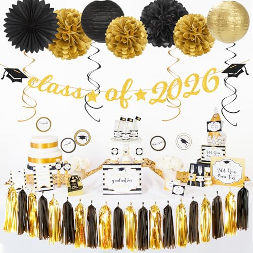 Image of Black Gold Graduation Party-Decorations Garland - 36pcs Congrats Grad Class 2026 Banner,Hat Hanging Streamers,College High School Congratulations Master Celebration Classroom Backdrop Decor Burgleda