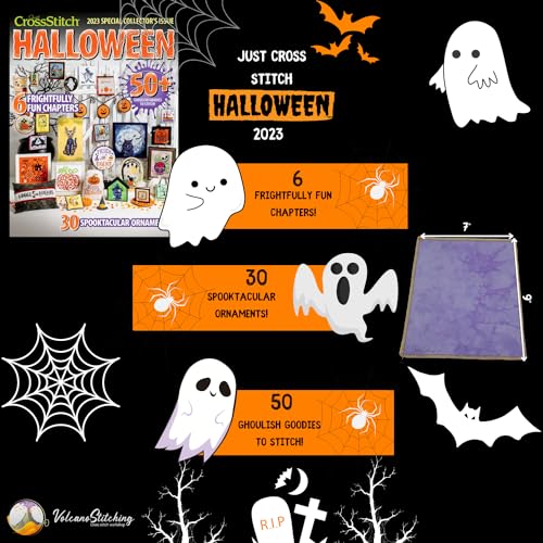 Image of VolcanoStitching Halloween 2023 Just Cross Stitch Magazine 14ct Aida | 2023 Just Cross Stitch Halloween Special Issue magazine bundled with hand-dyed 14-count Aida cross stitch fabric.
