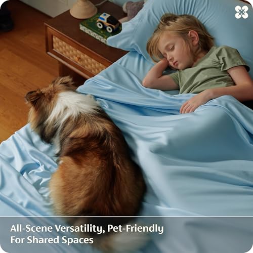 Image of Bedsure Queen Sheet Set, Rayon Derived from Bamboo, Cooling Sheets, PureWoven, Breathable & Soft, Deep Pocket Up to 16 Inches, Hotel Luxury Silky Bedding for Hot Sleepers, Aqua