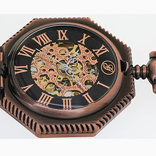 Fobtime Vintage Copper Bronze Octagonal Hollow Skeleton Manual Mechanical Pocket Watch Hand Winding Arabic Roman Numbers Chain Clocks #TOP4