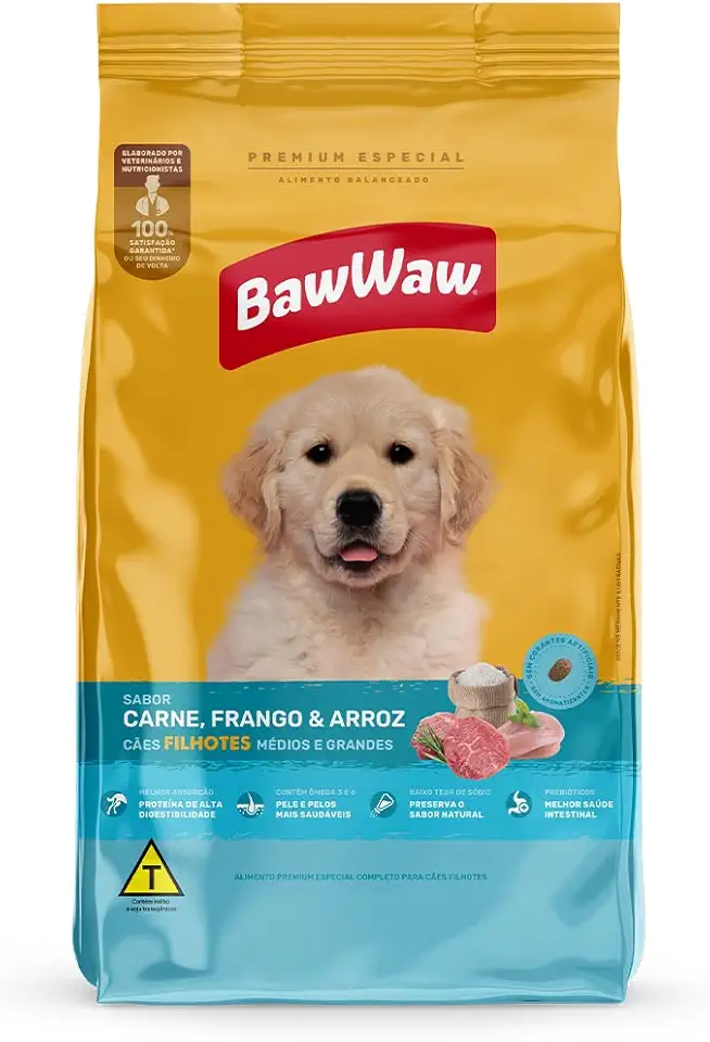 Ração Baw Waw para cães filhotes médios e grandes sabor Carne, Frango e Arroz - 5kg