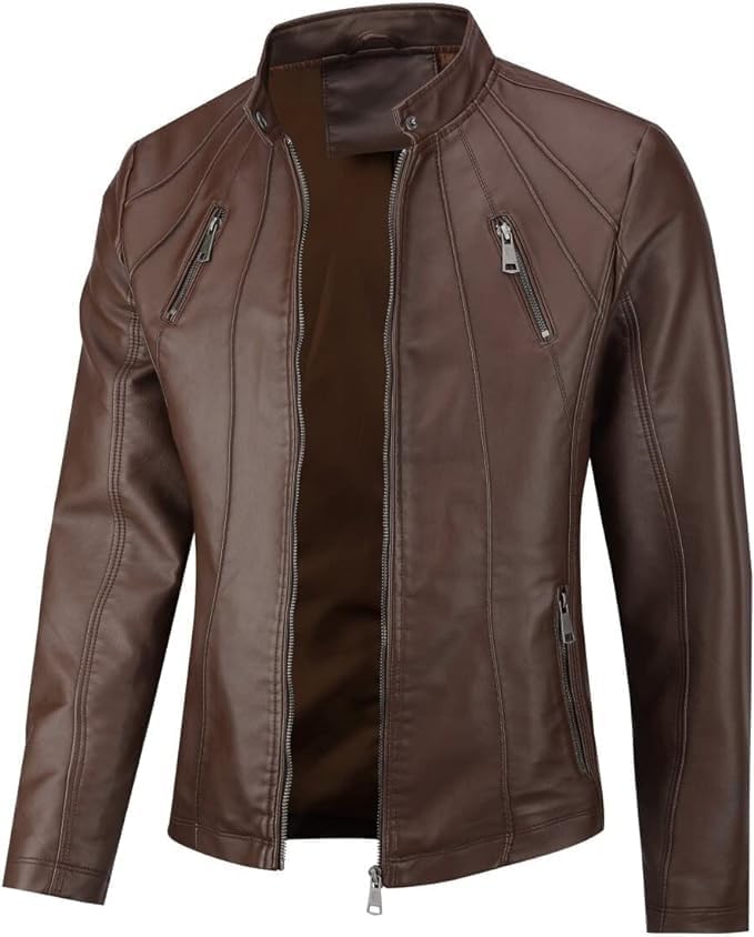 Men's Faux Leather Jacket Brown Moto Motorcycle Bomber Punk Fashion Slim Fit Coat