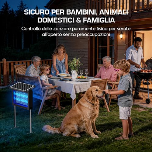 Dnenellr Lampada Antizanzare Solare, Zanzariera Elettrica 4500V Da Esterno Con Sensore Del Pannello, Anti Mosche Elettrico Impermeabile, Ideale Per Patio, Giardino E Campeggio (Nero) - 9