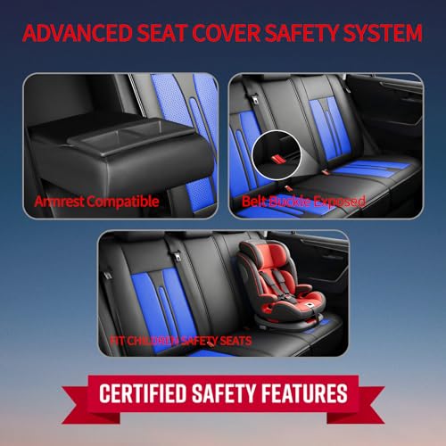 Image of Fit Sierra Car Seat Covers (5 Seats Full Set) Compatible with GMC Sierra 1500 /2500 /3500 2000-2026-Full Coverage Premium Breathable Leather,Airbag Compatible,Waterproof & All-Weather,Black-Blue