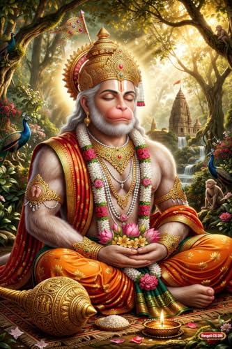 Image of Rangoli Lord Hanuman Ji Self Adhesive Poster 12x18 Inch | Bajrangbali Hindu God Wall Sticker Poster for Home Temple Pooja Room Living Room Bedroom Decor | Spiritual Devotional Wall Art