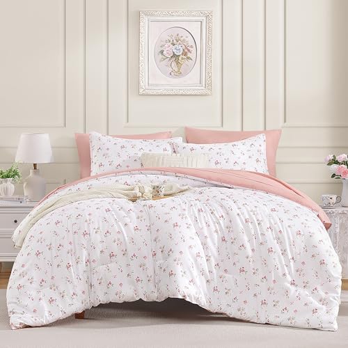 Image of Andency Floral Comforter Set, 5 Pieces Cute Blush Pink Bedding Sets, Coquette Cottagecore Flower Dorm Bedding, Soft Lightweight Kids Bed Twin Comforter with Sheets, Pillowcases & Shams for Teen Girls