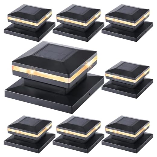 Dynaming 8 Pack Solar Post Lights, Outdoor Decorative Post Cap Light, Solar Powered Black Shell Caps, High Brightness Warm White SMD LED Lighting for Fence Deck Patio, Fit 4x4, 5x5 or 6x6 Wooden Post