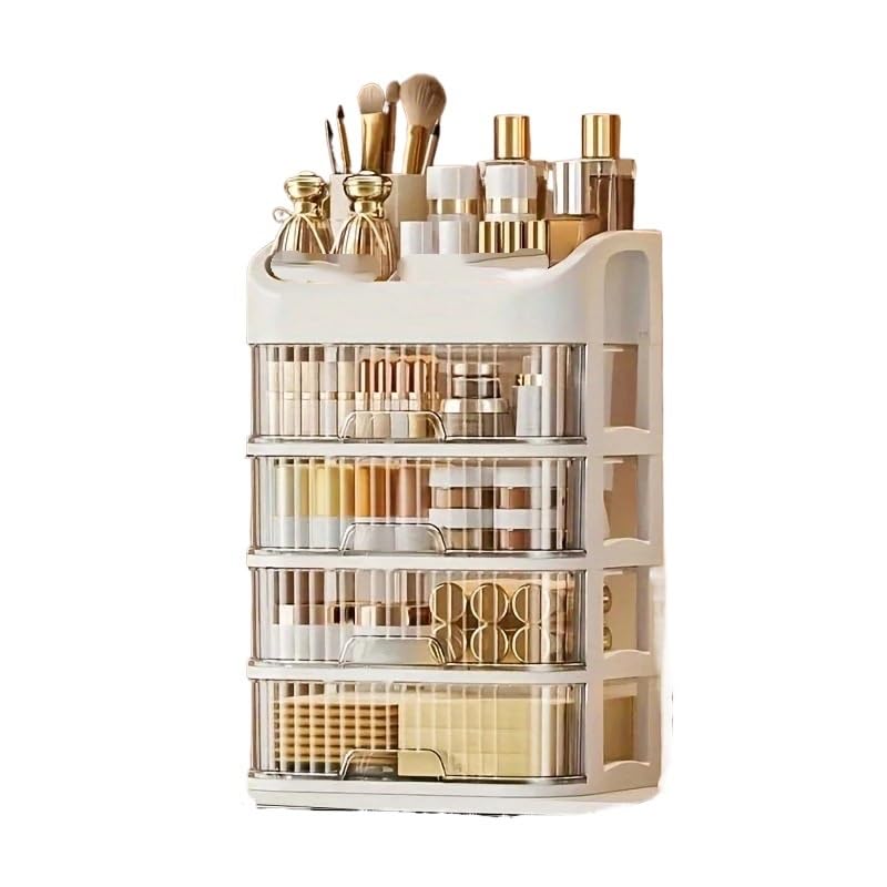 Organizador De Maquillaje Caja de Almacenamiento cosméticos Gran Capacidad con cajón Transparente, Organizador Maquillaje Escritorio Multicapa(White Five Layers)