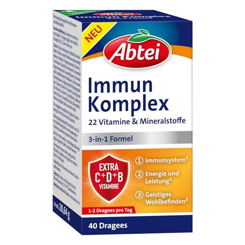 Abtei Immun Komplex - Nährstoff-Komplex mit 22 Vitaminen & Mineralstoffen - 3-in-1 Formel für Immunsystem, Energie und geistiges Wohlbefinden - Glutenfrei, gelatinefrei & laktosefrei – 1 x 40 Dragees