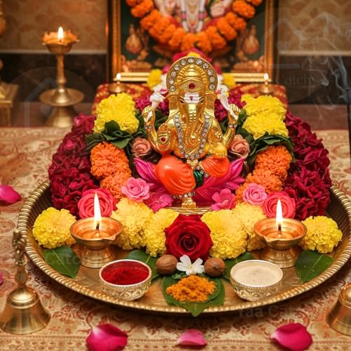 Image of Lord Ganesha Car Dashboard Idol & Crystal Stones Lotus Base Design Hindu God Ganpati.Believed to Protect and Bless Travelers on Their Journeys. (Color)