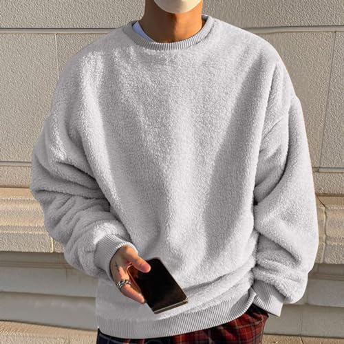 ZWRXW Men's Fuzzy Sherpa Pullover Sweatshirts Oversized Fleece Plain Sweatshirt Fluffy Loose Fit Crewneck Basic Sweatshirt2