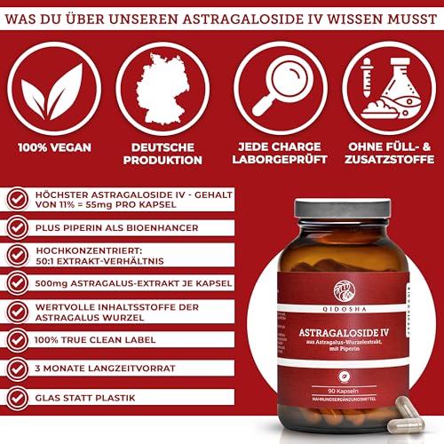QIDOSHA® Astragaloside IV aus Astragalus-Wurzelextrakt plus Piperin, höchster Astragalosid IV Gehalt, 90 Kapseln im Apothekerglas, deutsche Fertigung, jede Charge laborgeprüft – Bild 3