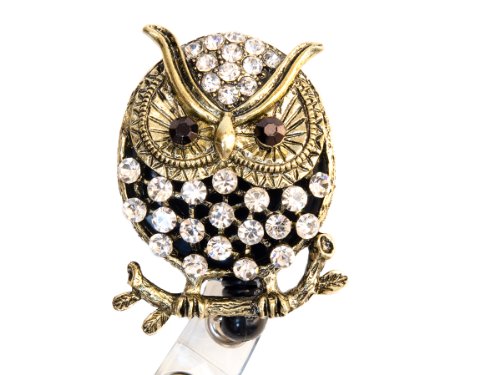 SIZZLE CITY Rhinestone Owl Retractable Badge Reel/Bling ID Badge Holder (Clear)