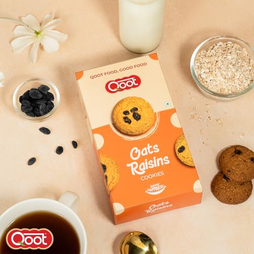 Image of Qoot Oats & Raisins Cookies (Pack of 3 x 200g) | Healthy, Crunchy Nutty Cookies & Biscuits | No Palm Oil, No Preservatives, No White Sugar | Natural, Protein-Rich Snack | Freshly Baked Snacks for Tea, Breakfast & Gifting