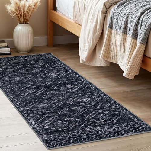 KILOCOCO Boho Kitchen Runner Rug 2x5 Washable Runner Rug, Soft Runners for Hallways Non Slip Printed Distressed Laundry Room Rug, Low-Pile Rug for Entryway/Bedroom/Living Room, Black