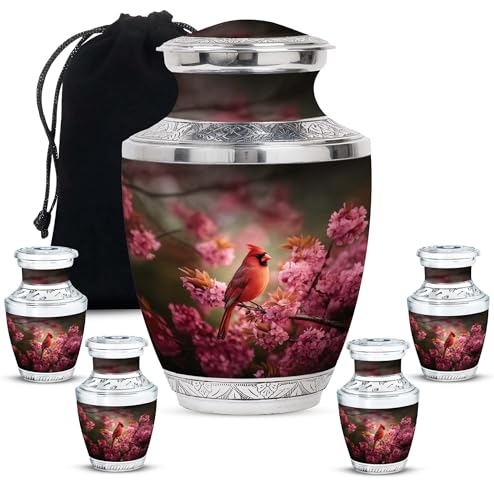 Image of Cardinal Bird Urn Large Funeral Urns for Human Adult Man 1 Large & 4 Small | Mini Keepsake Burial Urn for Mom & Dad, Ashes Urns Human Remains, Mini Keepsake Urns