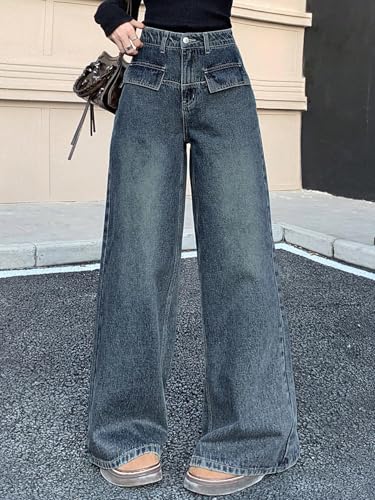 Image of Aahwan Women's Flared Fit High Rise Solid Wide-Leg with Flap Detailing Korean Jeans