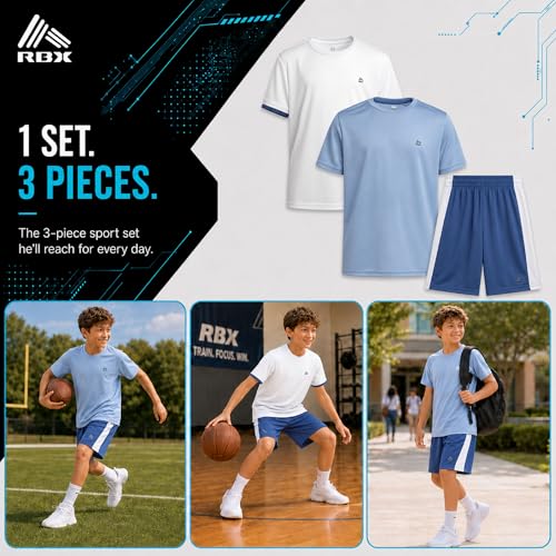 Image of RBX Boys Short Sets - 3 Piece Active Performance Short Sleeve Athletic Shirts and Gym Shorts With Elastic Waistband (4-12)