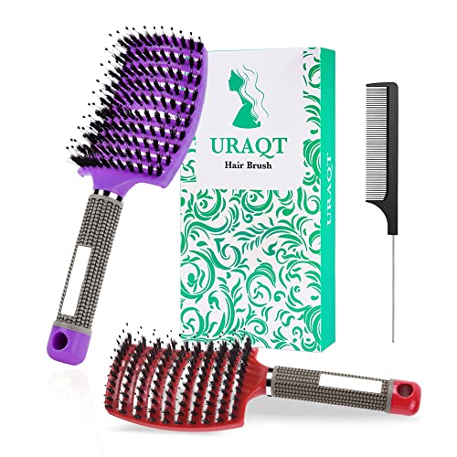 URAQT Cepillo Pelo, 2pcs Cepillo Cerdas Jabali y 1pcs Peine Pelo Rizado, Peine Antitirones Masaje Curvo y Ventilado, Cepillo Desenredante para Secado Más Rápido, Reducir Encrespamiento y Rotura