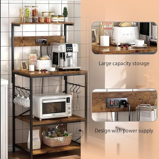 Multifunctional Microwave Stand with Power Outlets - 3-Tier Storage Shelf, Adjustable Height, Sturdy Steel Frame & Particle Board, for Kitchen/Living Room